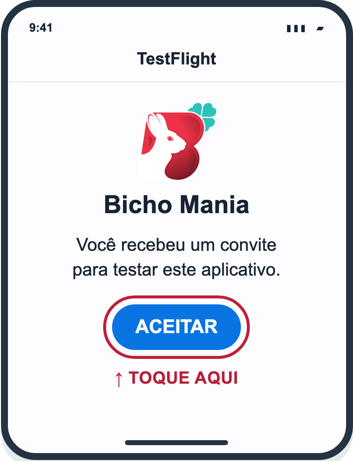 Tela ilustrativa do Bicho Mania no TestFlight, com Aceitar destacado.